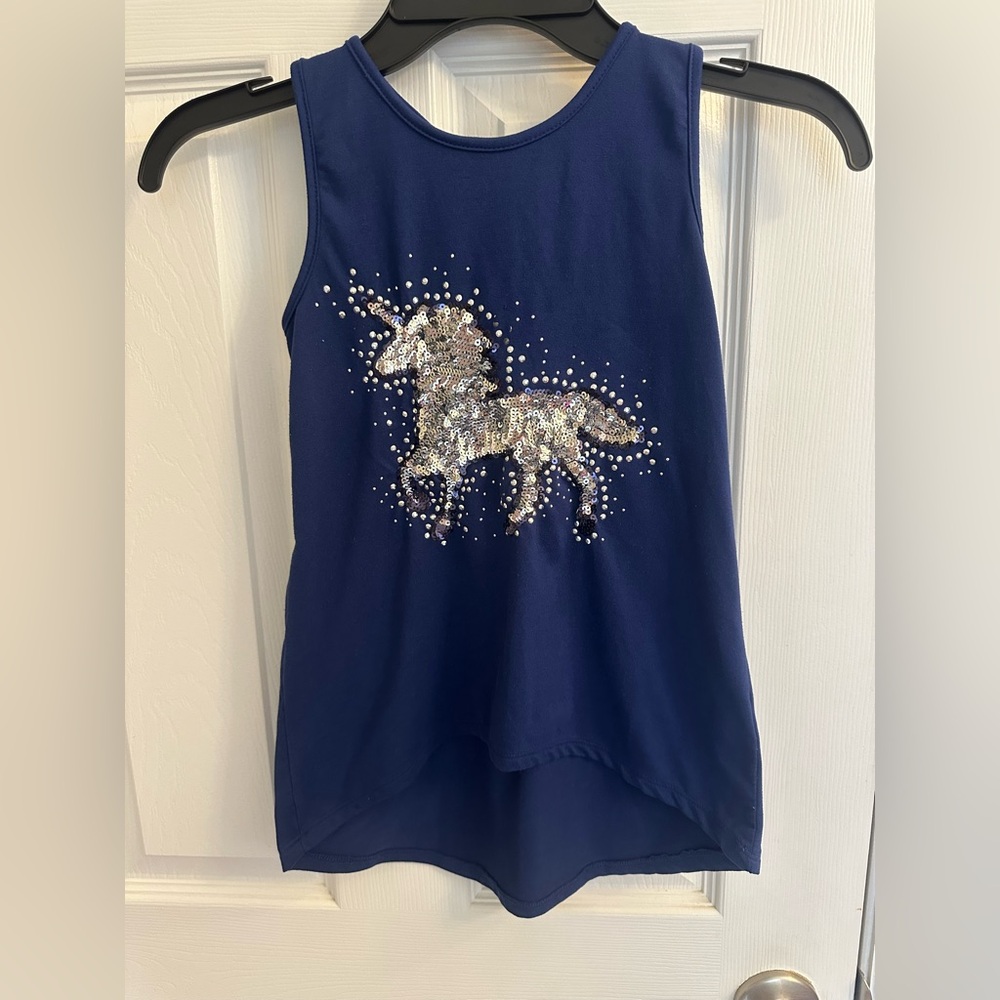 btween Girls Size 7 Sleeveless Navy Tank Top Unicorn Sequin Shirt